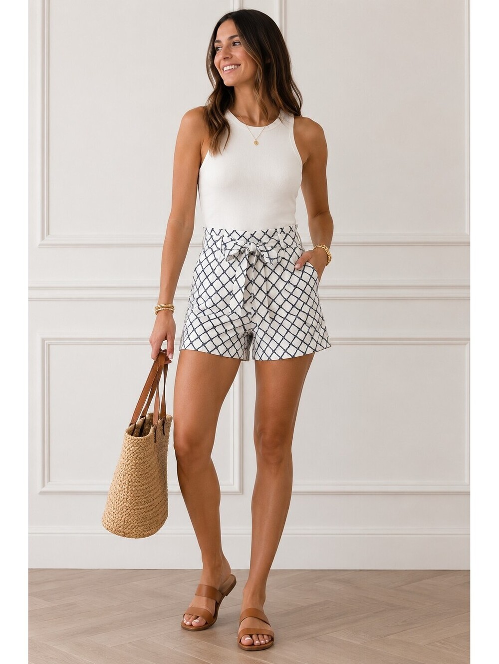 Banana Republic Windowpane Tie Waist Shorts Navy White Size 4